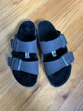 Birkenstock Arizona Women's 6-6.5 EU37 Shearling Lined Slide Sandal Dark Gray